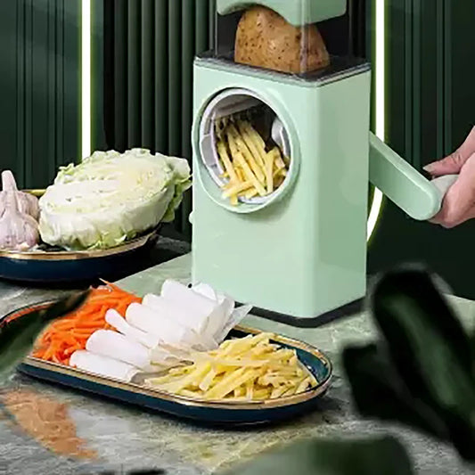 Three-bladed rotary cheese grater shredder with a handle and a strong suction base for potatoes, carrots, vegetables, nuts, and zucchini - Gadget Savor